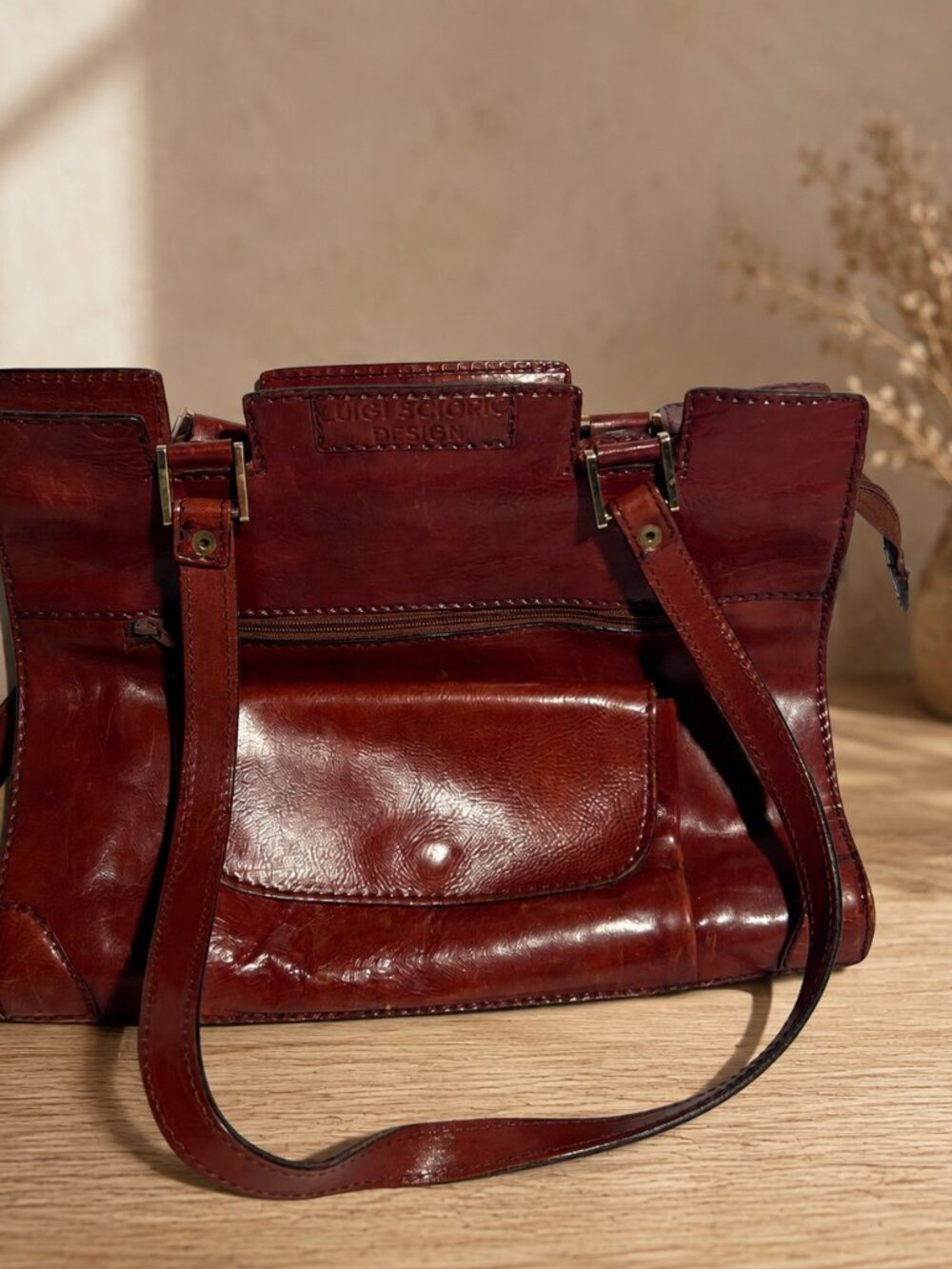 LUIGI SCIORIO DESIGN Vintage Italian Cognac Brown Leather Shoulder Bag Tote